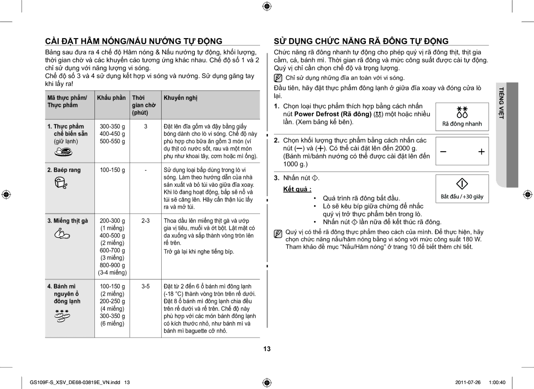 Samsung GS109F-S/XSV manual CÀI ĐẶT HÂM NÓNG/NẤU Nướng TỰ Động, SỬ Dụng Chức Năng RÃ Đông TỰ Động, Kết quả 