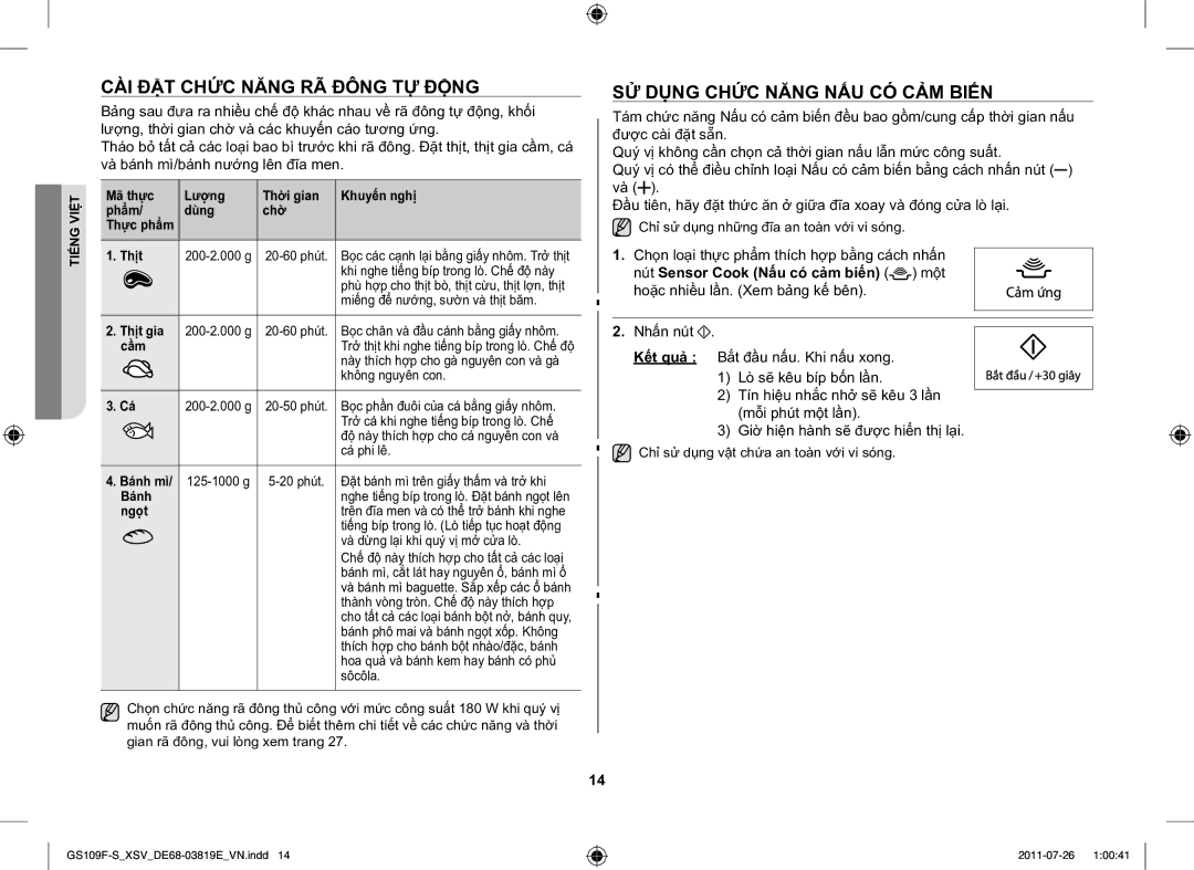 Samsung GS109F-S/XSV manual CÀI ĐẶT Chức Năng RÃ Đông TỰ Động, SỬ Dụng Chức Năng NẤU CÓ CẢM Biến 