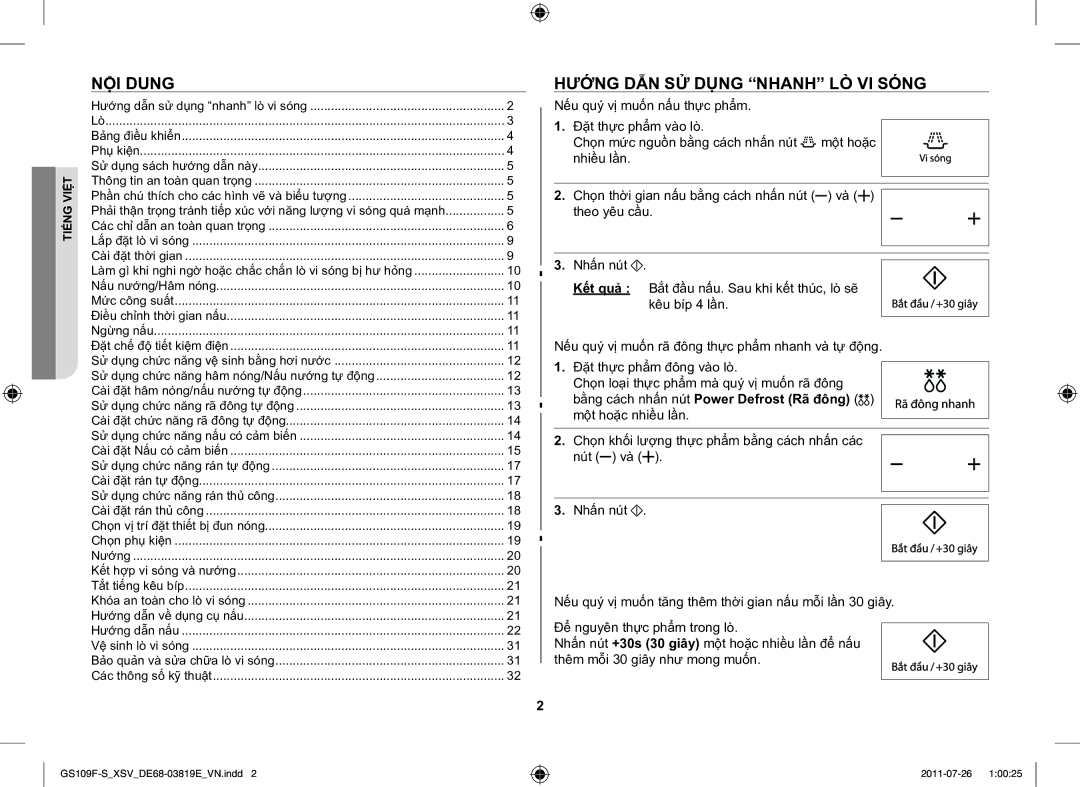 Samsung GS109F-S/XSV manual NỘI Dung, Hướng DẪN SỬ Dụng Nhanh LÒ VI Sóng 