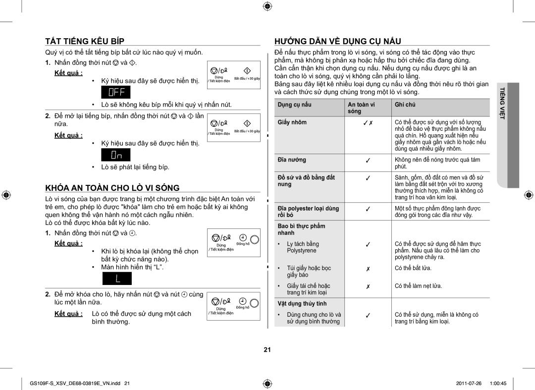 Samsung GS109F-S/XSV manual TẮT Tiếng KÊU BÍP, Khóa AN Toàn CHO LÒ VI Sóng, Hướng DẪN VỀ Dụng CỤ NẤU 