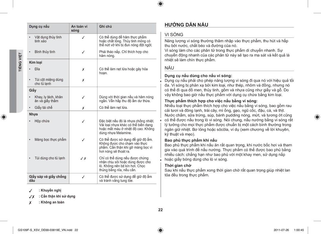 Samsung GS109F-S/XSV manual Hướng DẪN NẤU, VI Sóng, Nấu 