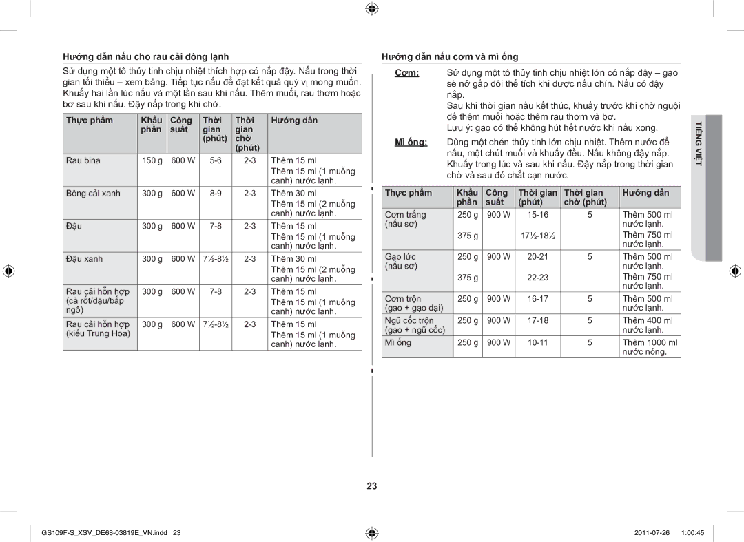 Samsung GS109F-S/XSV manual Hướng dẫn nấu cho rau cải đông lạnh, Hướng dẫn nấu cơm và mì ống 