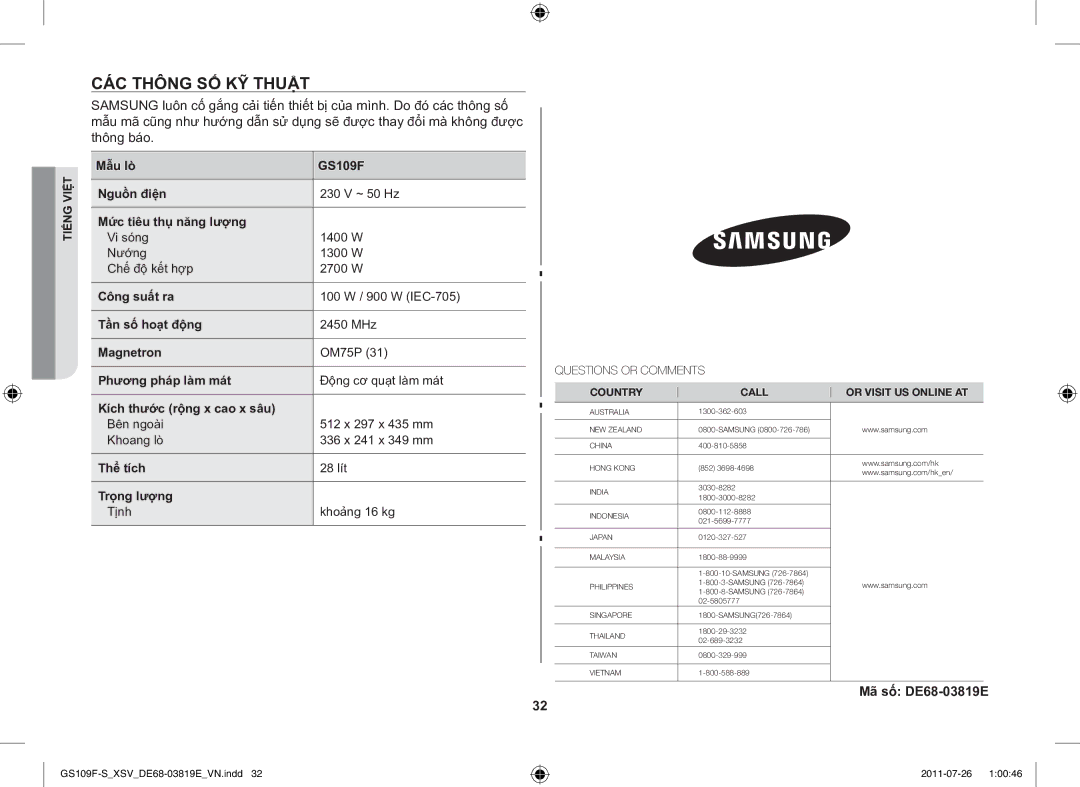 Samsung GS109F-S/XSV manual CÁC Thông SỐ KỸ Thuật, Mã số DE68-03819E 