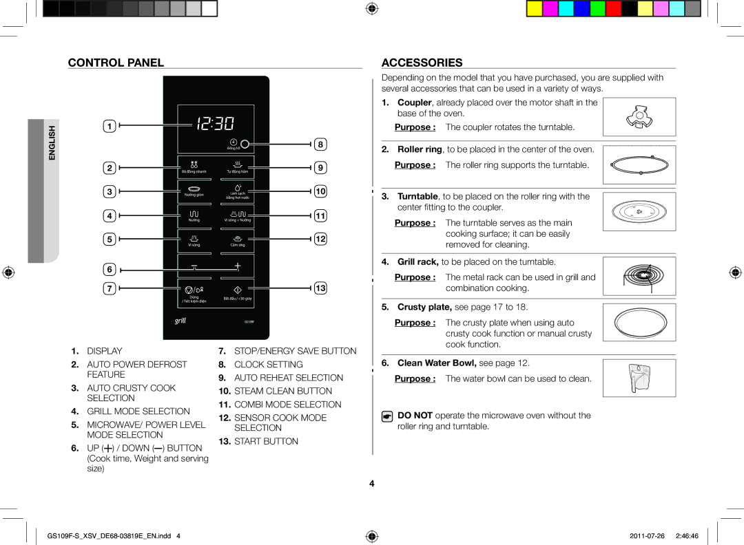 Samsung GS109F-S/XSV manual Control panel Accessories, Purpose, UP / Down Button Cook time, Weight and serving size 