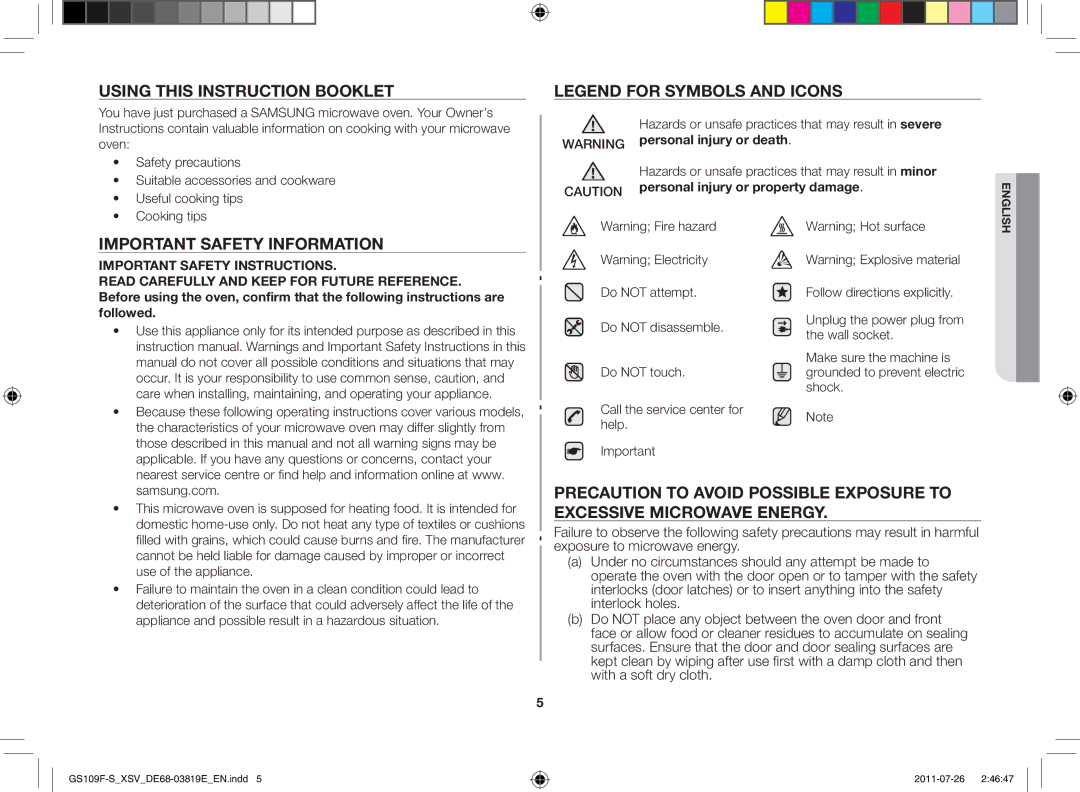 Samsung GS109F-S/XSV Using this instruction booklet, Important safety information, Personal injury or property damage 