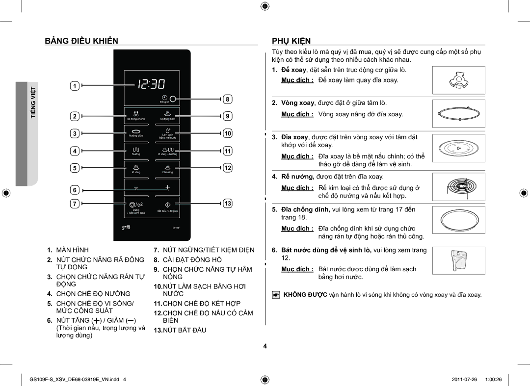 Samsung GS109F-S/XSV manual Bảng Điều Khiển PHỤ Kiện, NÚT Tăng / Giảm Thời gian nấu, trọng lượng và lượng dùng 