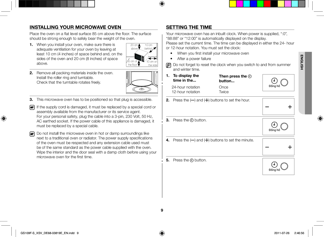 Samsung GS109F-S/XSV manual Installing your microwave oven, Setting the time, To display Then press Time Button 