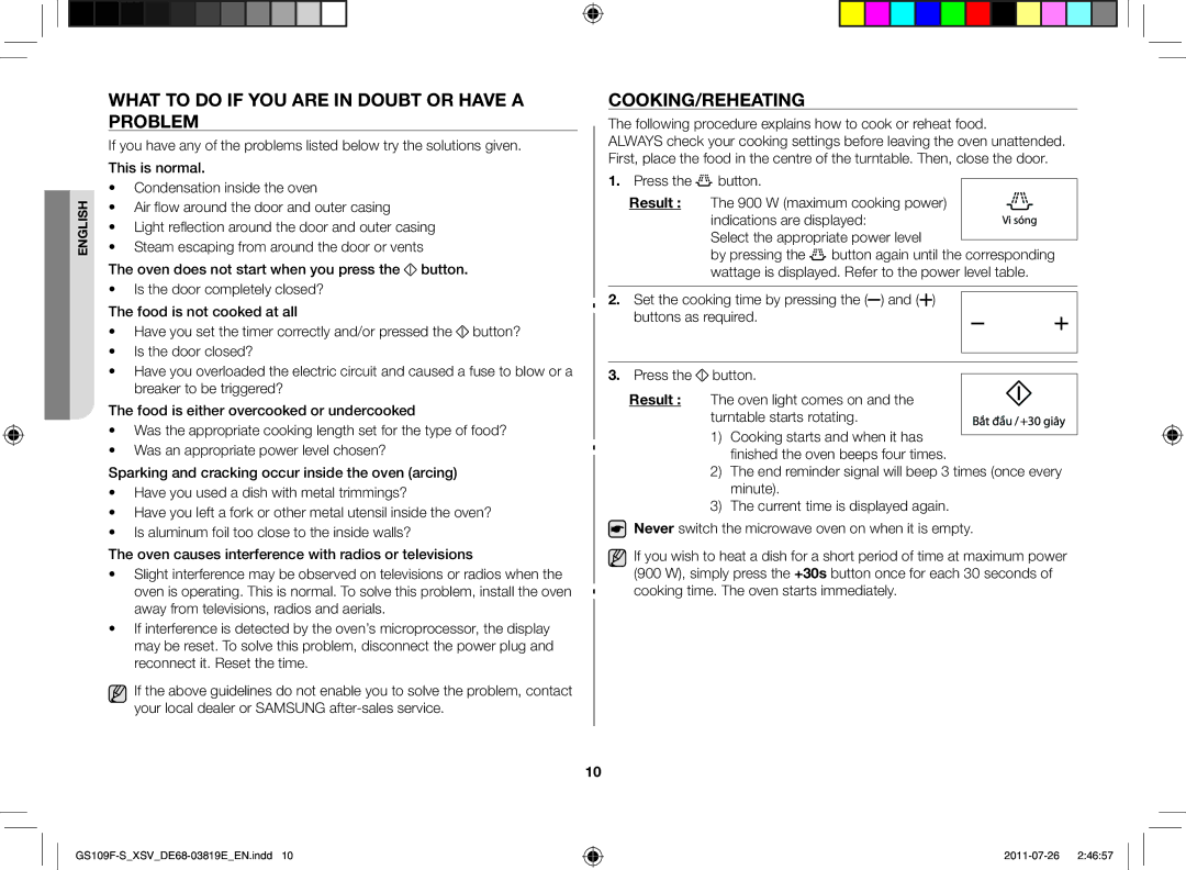 Samsung GS109F-S/XSV manual What to do if you are in doubt or have a problem, Cooking/Reheating, Result 