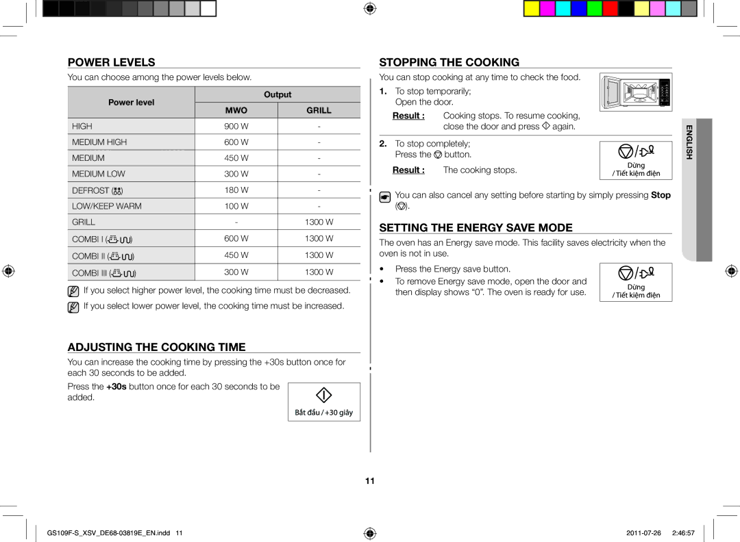 Samsung GS109F-S/XSV manual Power levels, Adjusting the cooking time, Stopping the cooking, Setting the energy save mode 