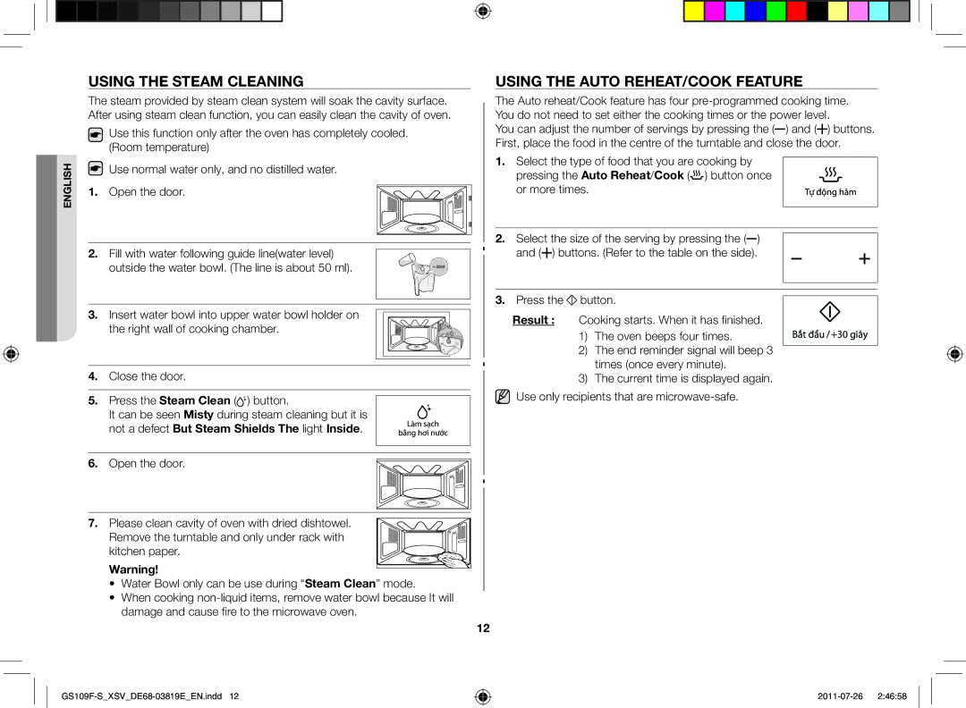 Samsung GS109F-S/XSV manual Using the steam cleaning, Using the auto reheat/Cook feature, Open the door 