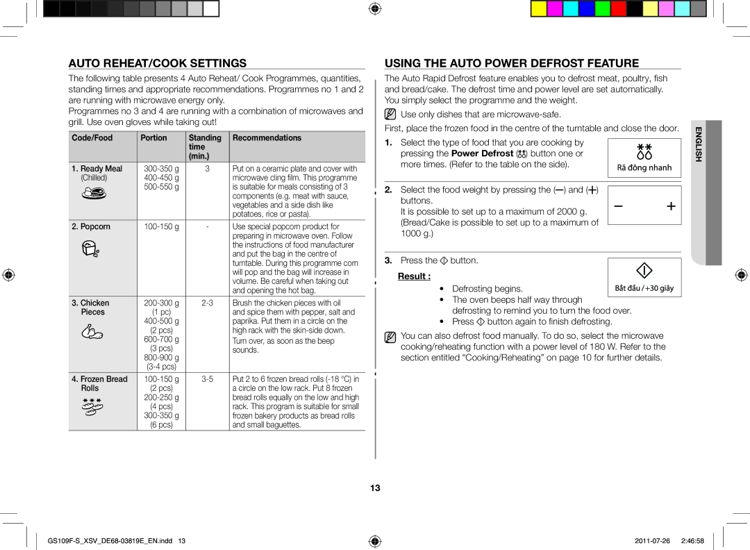 Samsung GS109F-S/XSV manual Auto reheat/Cook settings, Using the auto power defrost feature 