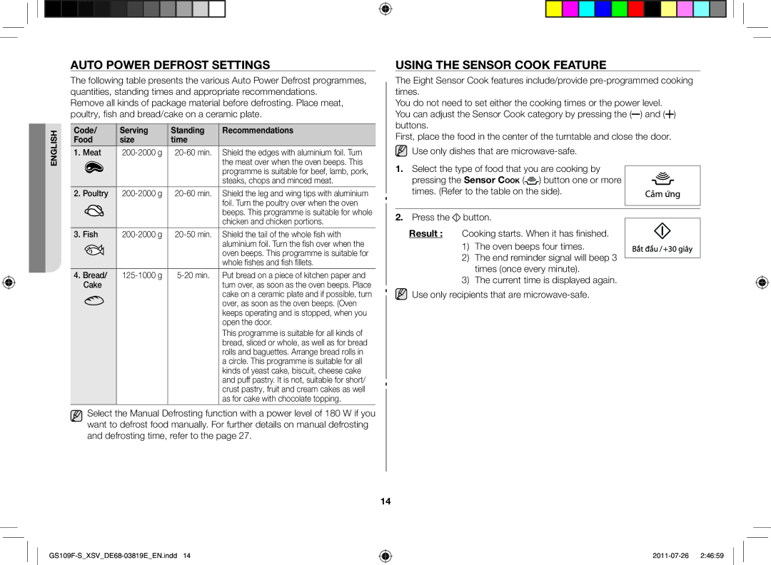 Samsung GS109F-S/XSV manual Auto power defrost settings, Using the sensor cook feature 