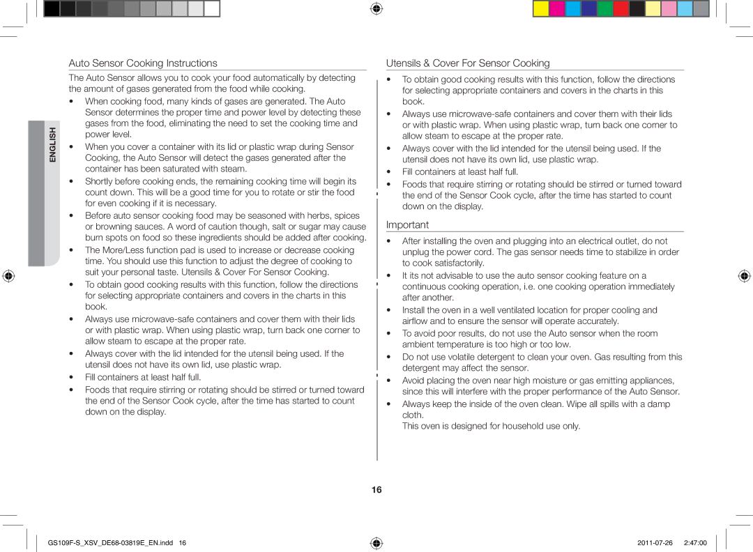 Samsung GS109F-S/XSV manual Auto Sensor Cooking Instructions 