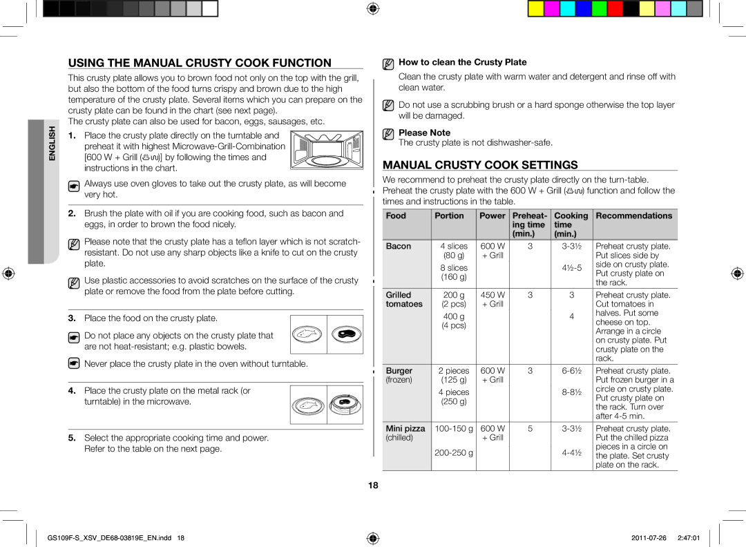 Samsung GS109F-S/XSV Using the manual crusty cook function, Manual crusty cook settings, Please Note 