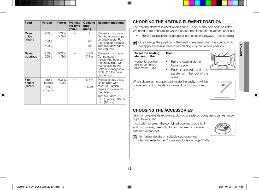 Samsung GS109F-S/XSV manual Choosing the heating element position, Choosing the accessories, Pull the heating element 