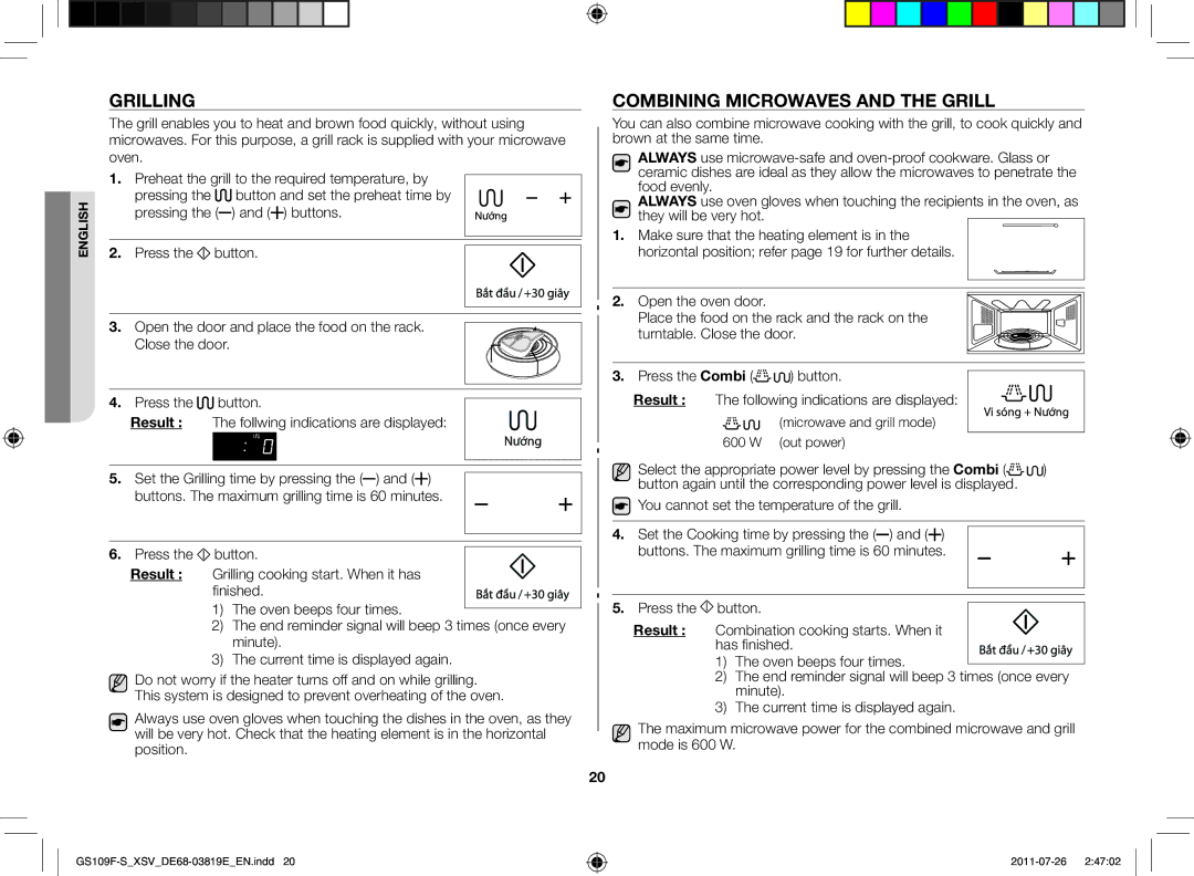 Samsung GS109F-S/XSV manual Grilling, Combining microwaves and the grill 