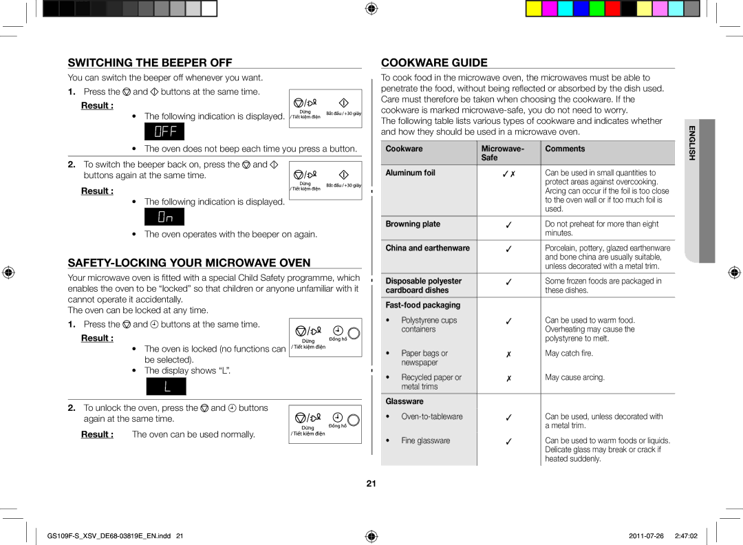 Samsung GS109F-S/XSV manual Switching the beeper off, Safety-locking your microwave oven, Cookware guide 