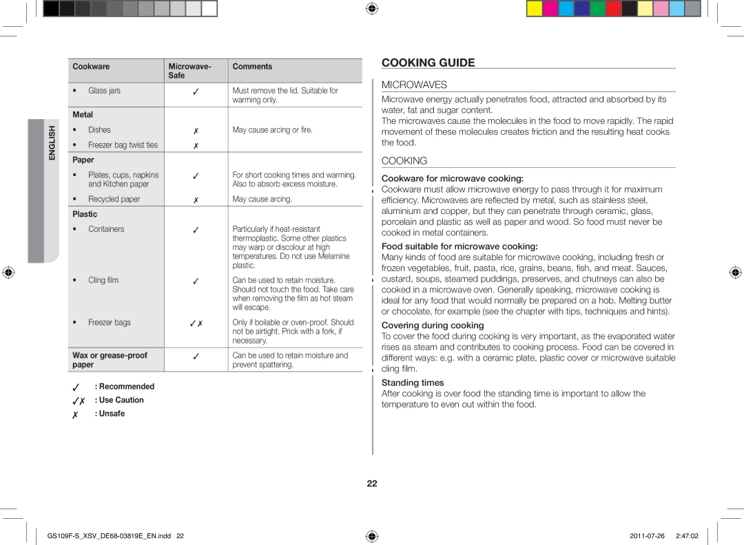 Samsung GS109F-S/XSV manual Cooking guide, Microwaves 