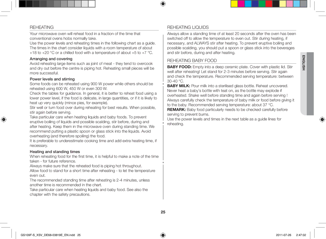 Samsung GS109F-S/XSV manual Reheating Liquids, Reheating Baby Food 