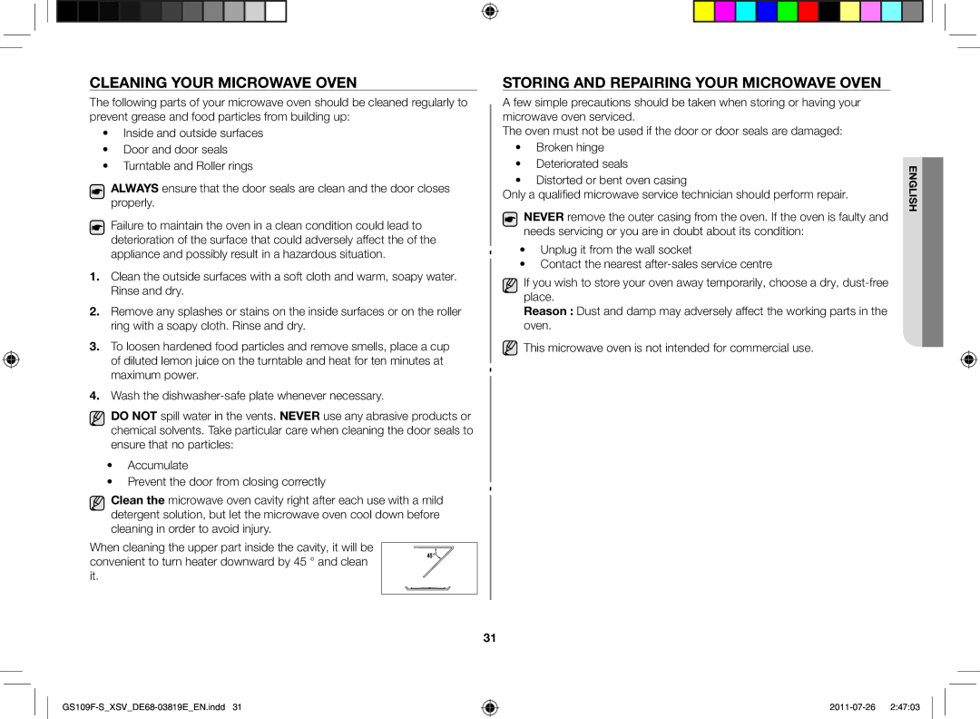 Samsung GS109F-S/XSV manual Cleaning your microwave oven, Storing and repairing your microwave oven 