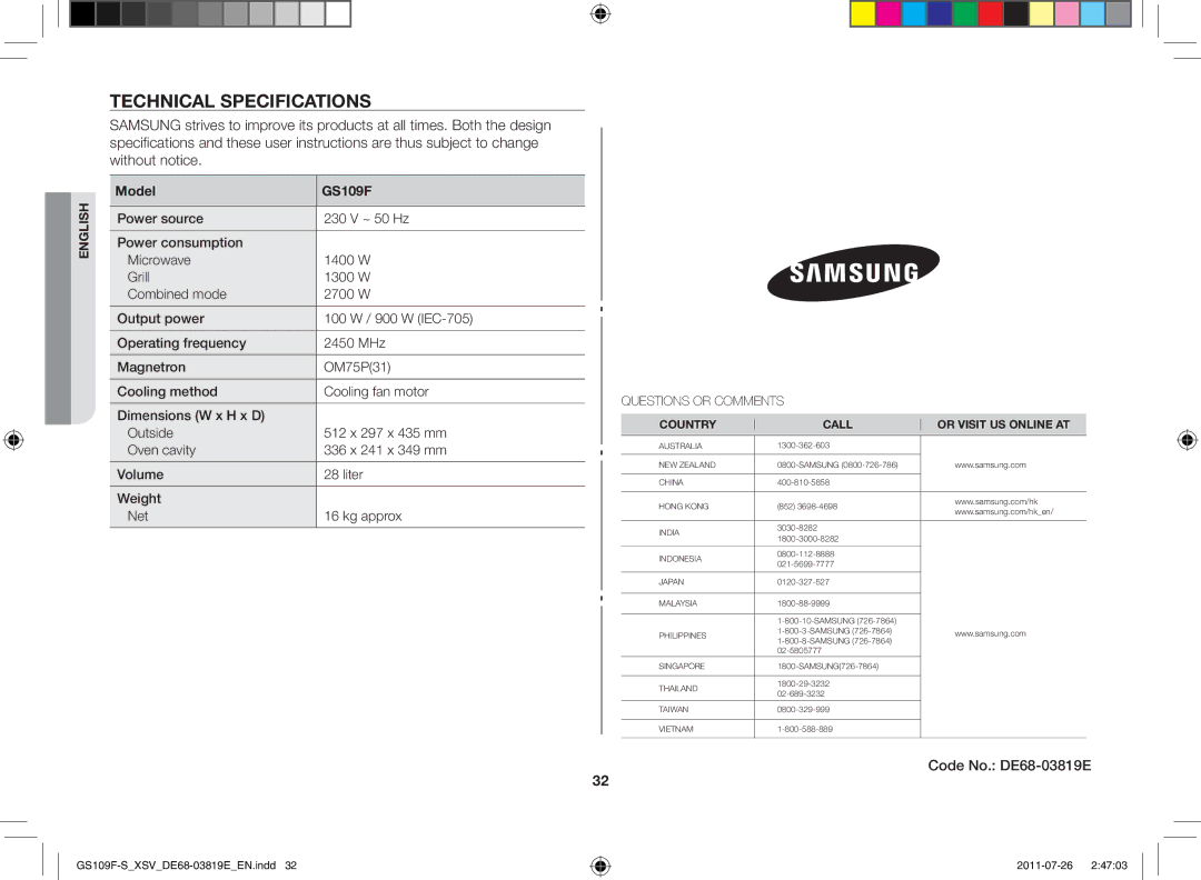 Samsung GS109F-S/XSV manual Technical specifications, Code No. DE68-03819E, Model GS109F 