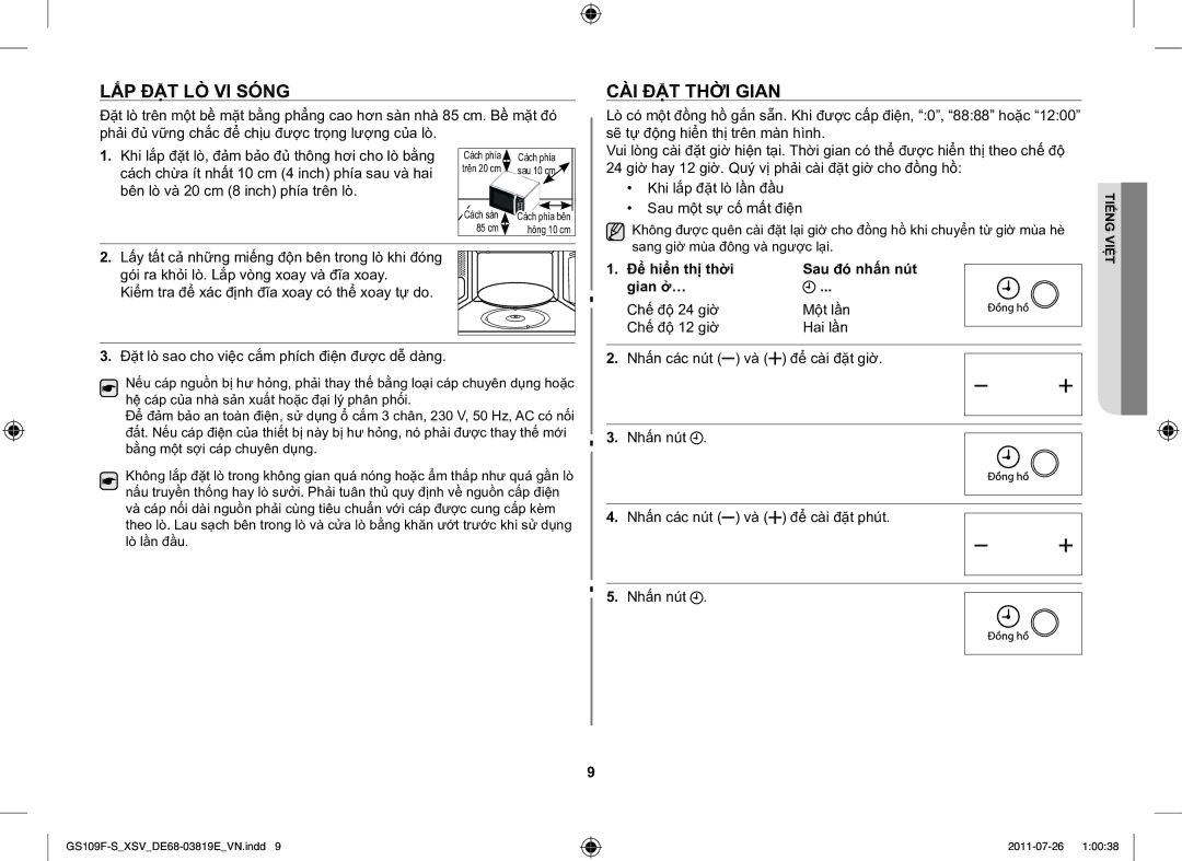 Samsung GS109F-S/XSV manual LẮP ĐẶT LÒ VI Sóng, CÀI ĐẶT Thời Gian, Sau một sự cố mất điện, Để hiển thị thời Sau đó nhấn nút 