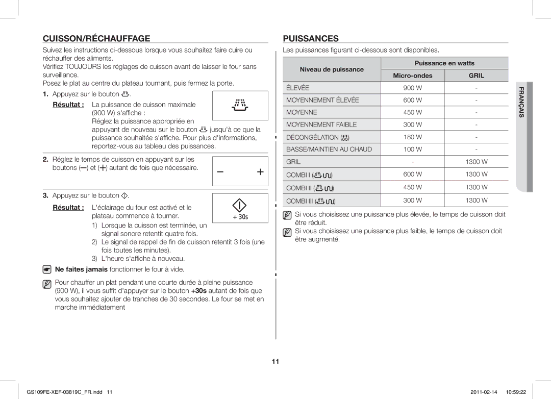 Samsung GS109FE-1S/XEF Cuisson/Réchauffage, Puissances, Les puissances figurant ci-dessous sont disponibles, Micro-ondes 