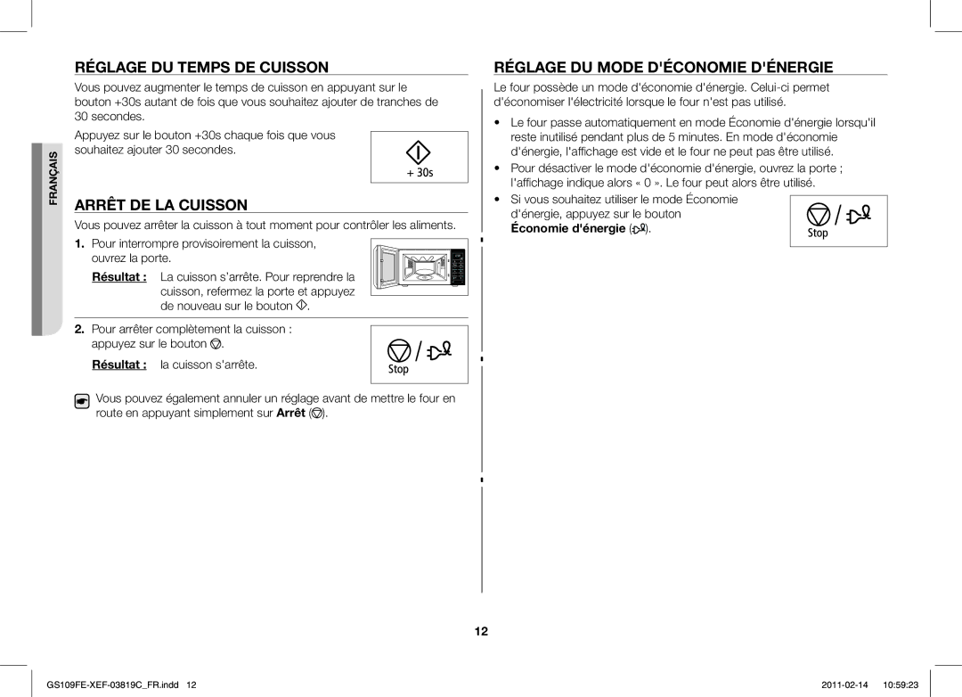 Samsung GS109FE-1S/XEF manual Réglage DU Temps DE Cuisson, Arrêt DE LA Cuisson, Réglage DU Mode Déconomie Dénergie 