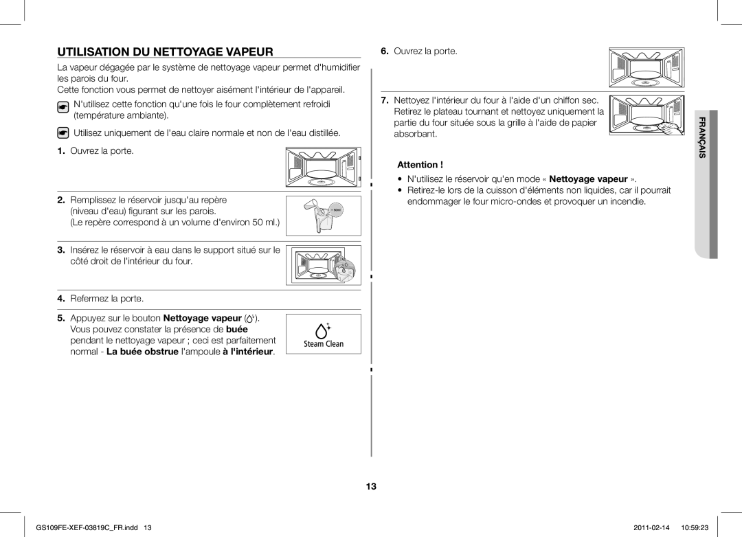 Samsung GS109FE-1S/XEF manual Utilisation DU Nettoyage Vapeur 