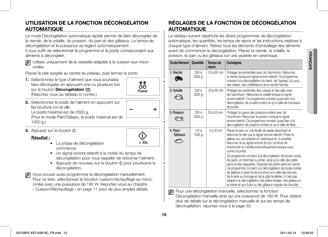 Samsung GS109FE-1S/XEF Utilisation DE LA Fonction Décongélation Automatique, Résultat, La phase de décongélation commence 