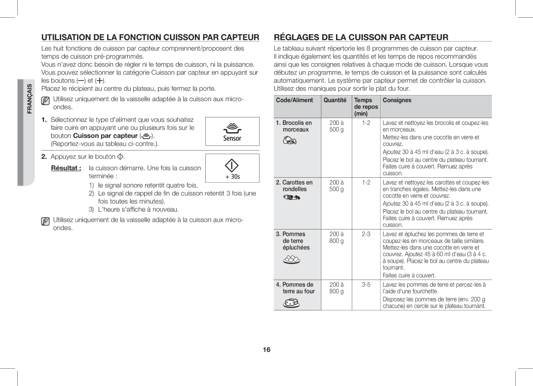 Samsung GS109FE-1S/XEF manual Utilisation DE LA Fonction Cuisson PAR Capteur, Réglages DE LA Cuisson PAR Capteur, Min 