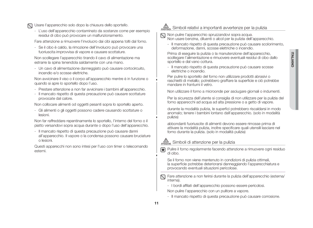 Samsung GS109FE-SS/XET manual Attenzione Simboli di attenzione per la pulizia 