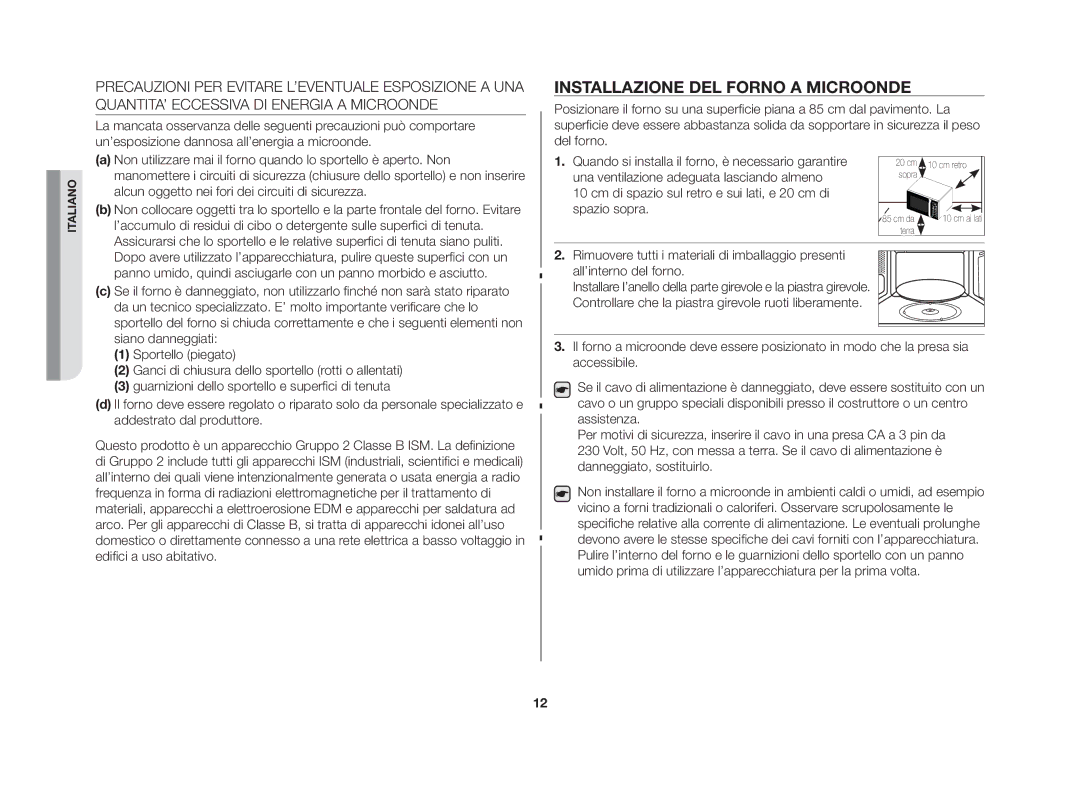 Samsung GS109FE-SS/XET manual Installazione del forno a microonde 