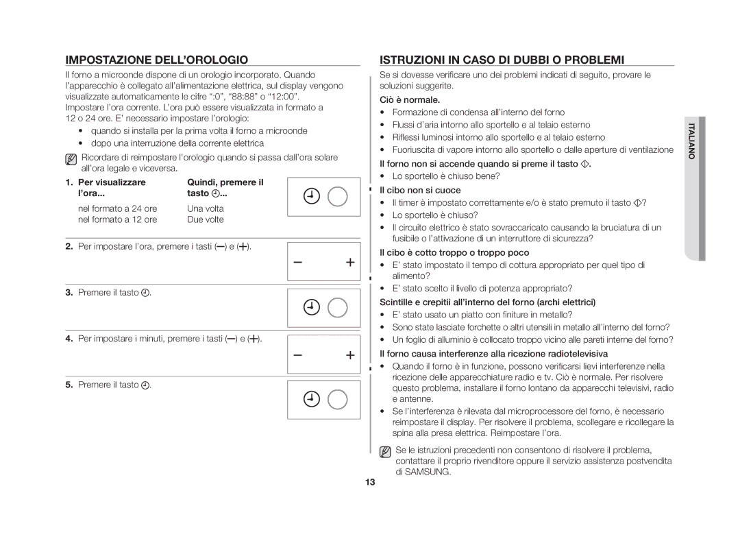 Samsung GS109FE-SS/XET manual Impostazione dell’orologio, Istruzioni in caso di dubbi o problemi 