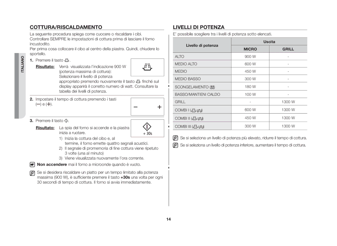 Samsung GS109FE-SS/XET manual Cottura/Riscaldamento, Livelli di potenza, Potenza massima di cottura, Uscita 