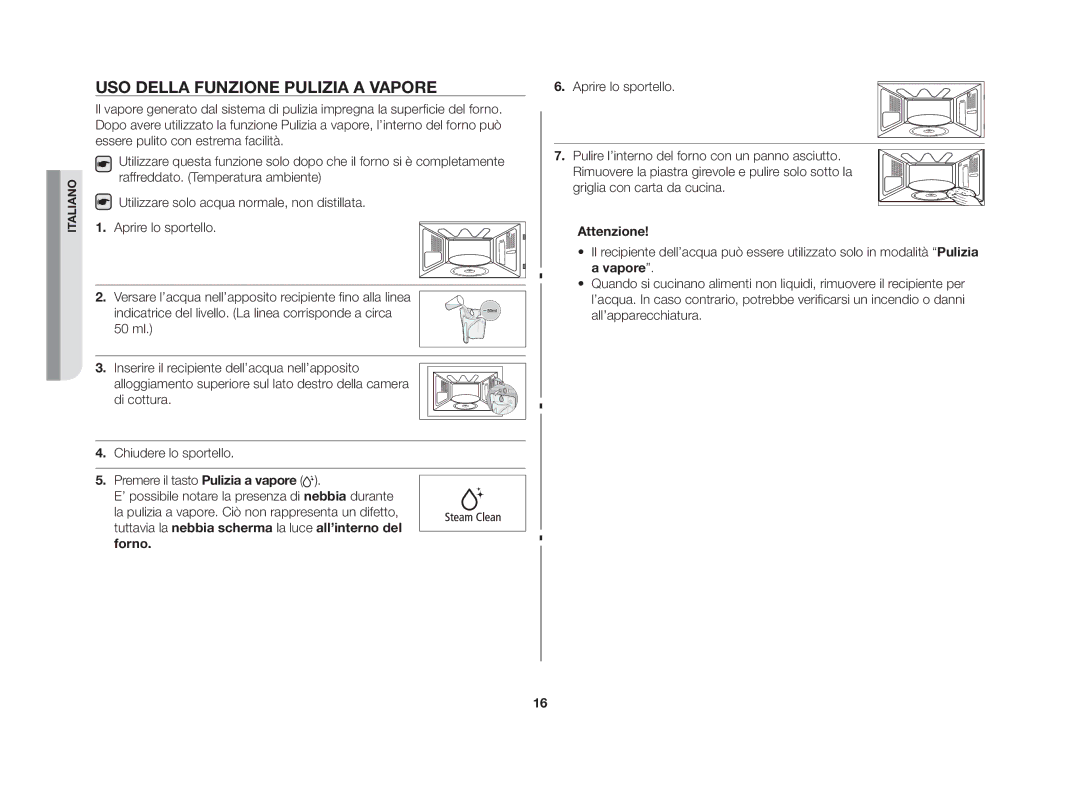 Samsung GS109FE-SS/XET manual Uso della funzione Pulizia a vapore, Raffreddato. Temperatura ambiente, Attenzione 