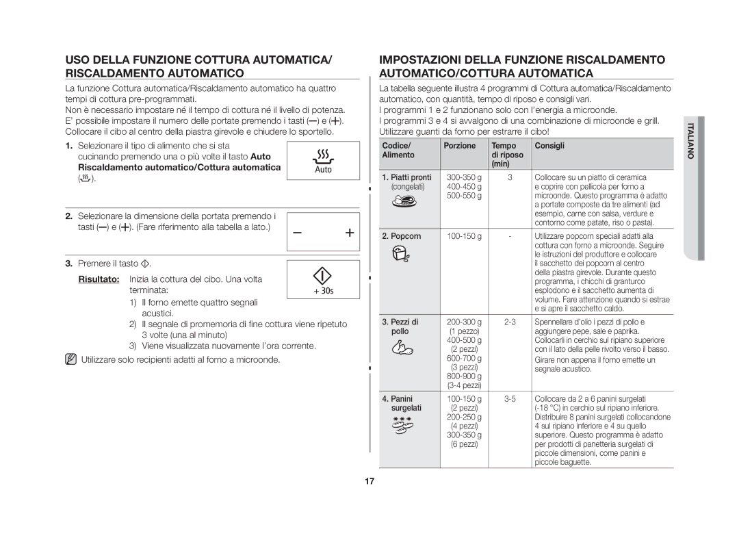 Samsung GS109FE-SS/XET Riscaldamento automatico/Cottura automatica, Codice Porzione Tempo Consigli Alimento Di riposo Min 