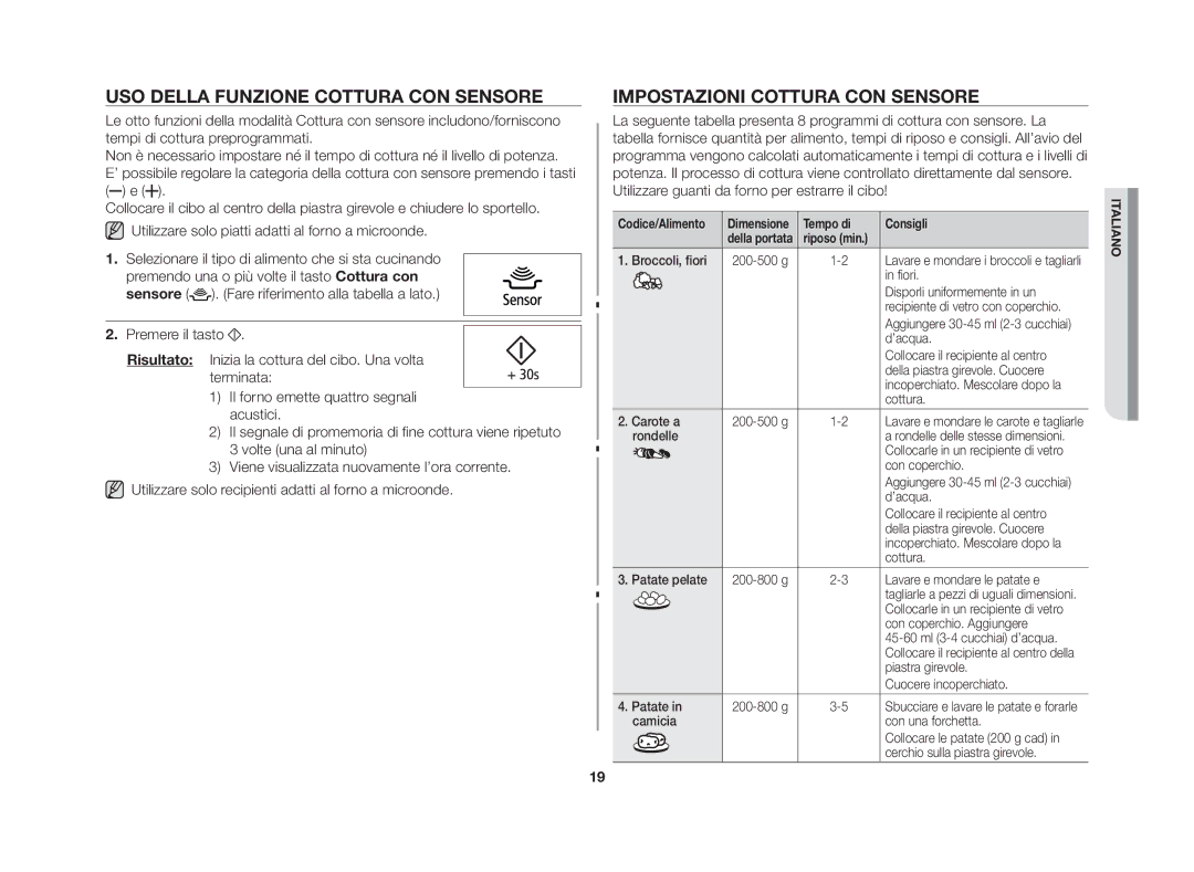 Samsung GS109FE-SS/XET manual Uso della funzione Cottura con sensore, Impostazioni Cottura con sensore, Codice/Alimento 