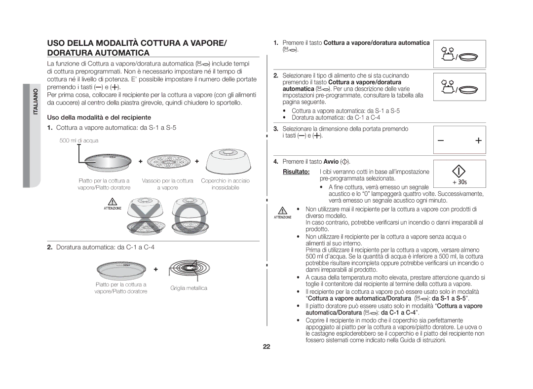 Samsung GS109FE-SS/XET manual Uso della modalità Cottura a vapore/ doratura automatica, Doratura automatica da C-1 a C-4 