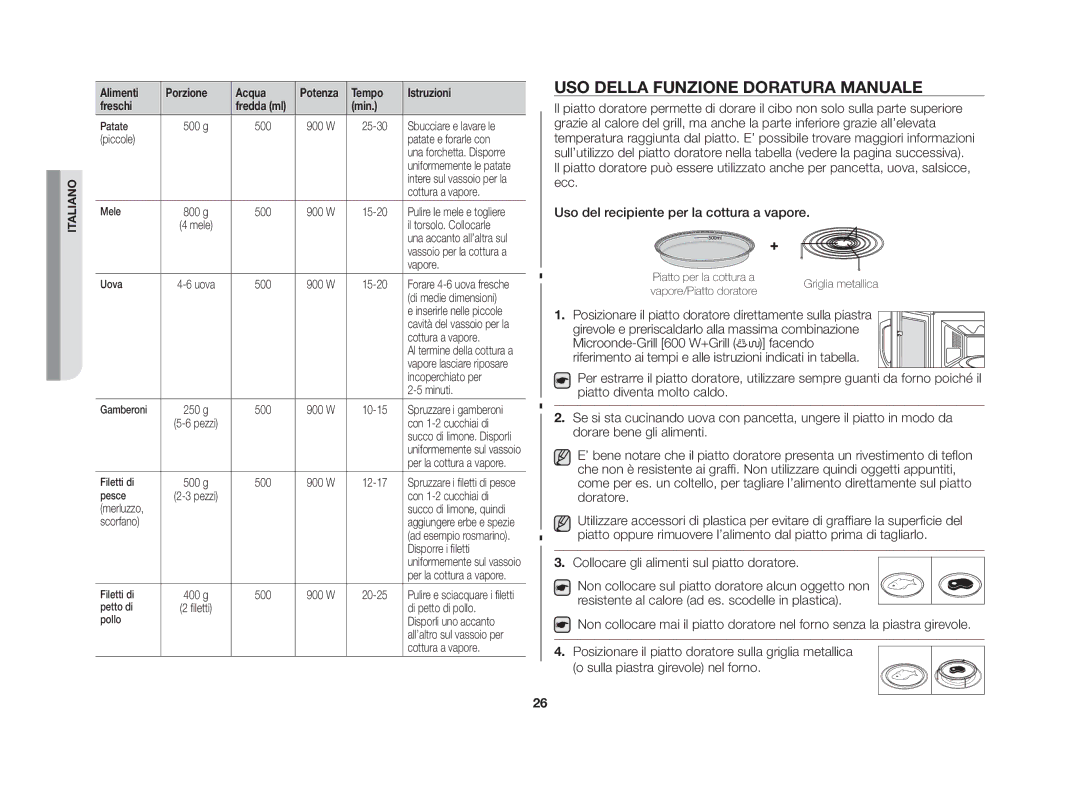 Samsung GS109FE-SS/XET Uso della funzione Doratura manuale, Posizionare il piatto doratore direttamente sulla piastra 