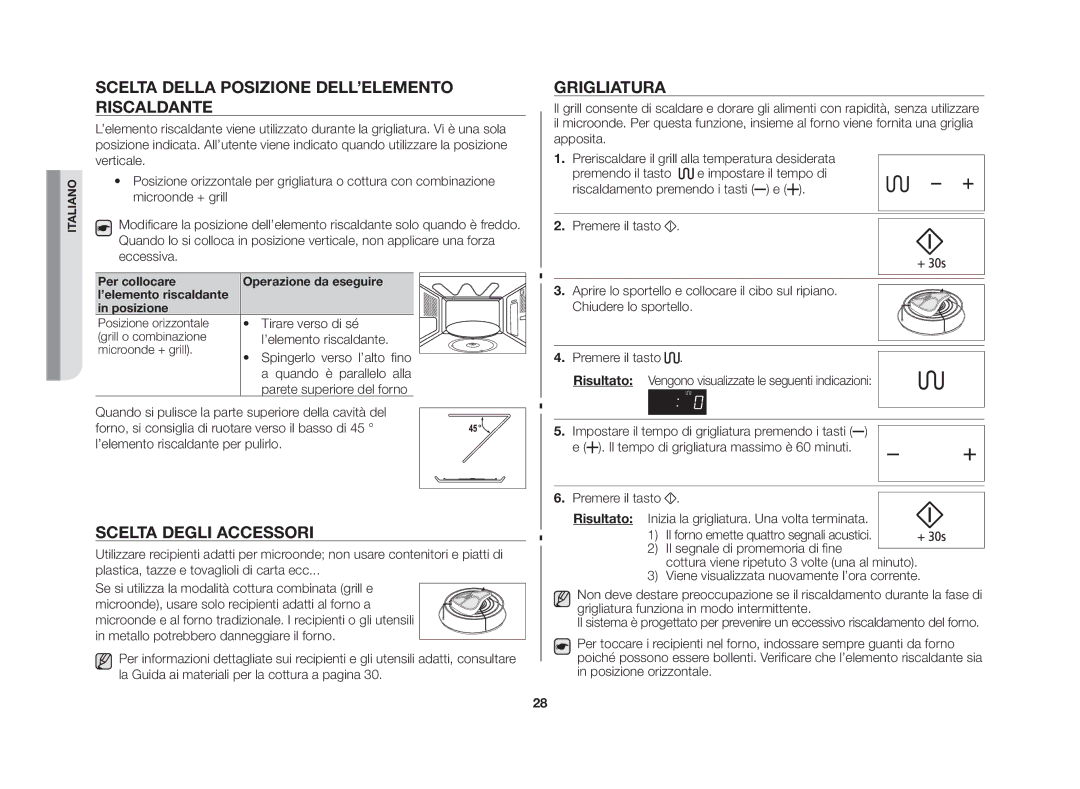 Samsung GS109FE-SS/XET manual Scelta della posizione dell’elemento riscaldante, Scelta degli accessori, Grigliatura 