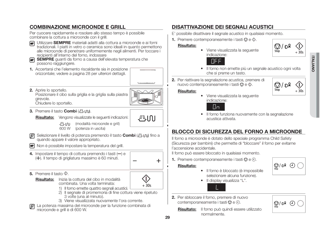 Samsung GS109FE-SS/XET manual Combinazione microonde e grill, Disattivazione dei segnali acustici 