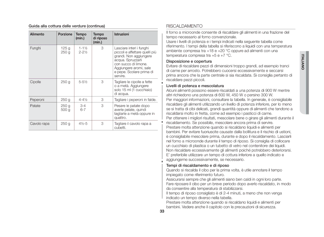 Samsung GS109FE-SS/XET manual Riscaldamento, Guida alla cottura delle verdure continua 