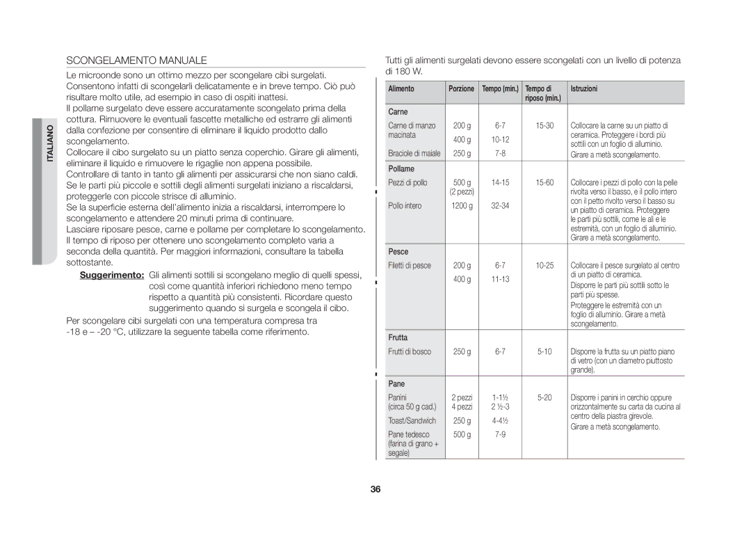 Samsung GS109FE-SS/XET manual Scongelamento Manuale, Tempo di Istruzioni 