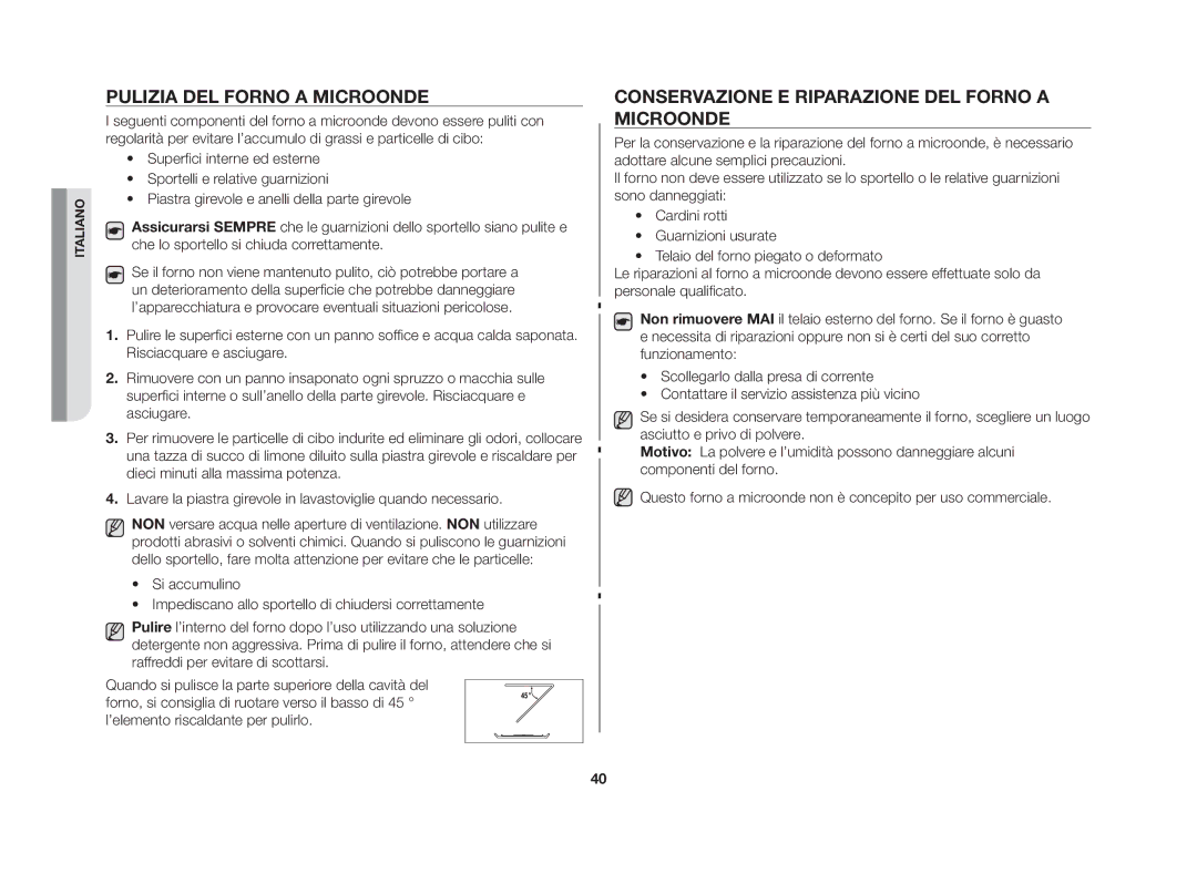 Samsung GS109FE-SS/XET manual Pulizia del forno a microonde, Conservazione e riparazione del forno a microonde 