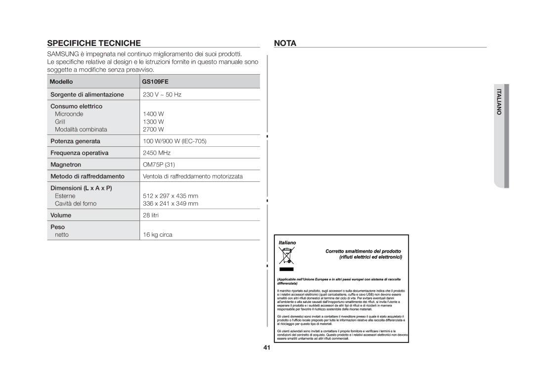 Samsung GS109FE-SS/XET manual Specifiche tecnicheNota, Modello 