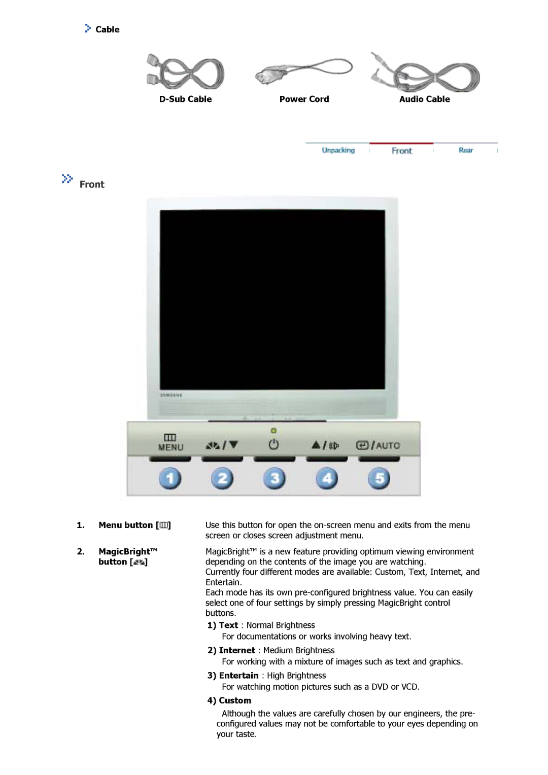 Samsung GS17VSSN/EDC, GS17MSSB/XSJ Cable Sub Cable Power Cord Audio Cable, Screen or closes screen adjustment menu, Custom 