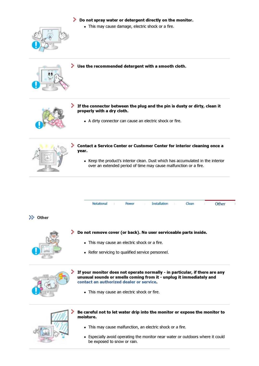 Samsung GS15MSSN/XSJ, GS17MSSB/XSJ, GS17MSSS/XSJ, GY15VSSS Do not spray water or detergent directly on the monitor, Other 