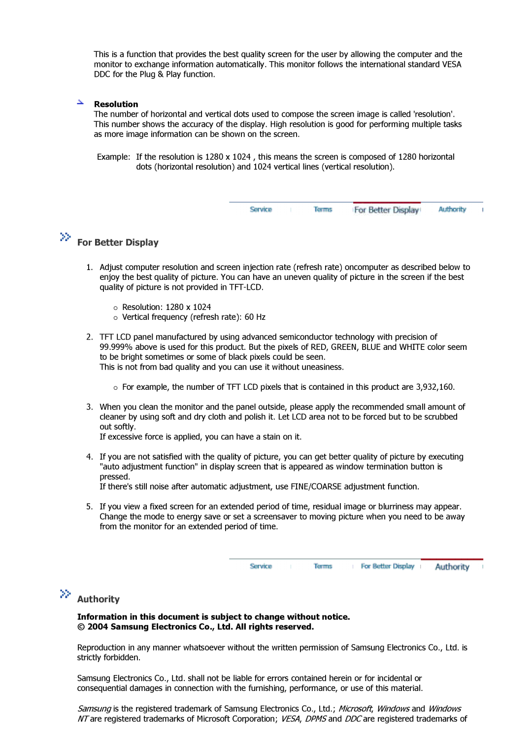 Samsung GS17MSSS/EDC, GS17MSSB/XSJ, GS17MSSS/XSJ, GS17MSSN/XSJ, GS19MSSS/XSJ manual For Better Display, Authority, Resolution 