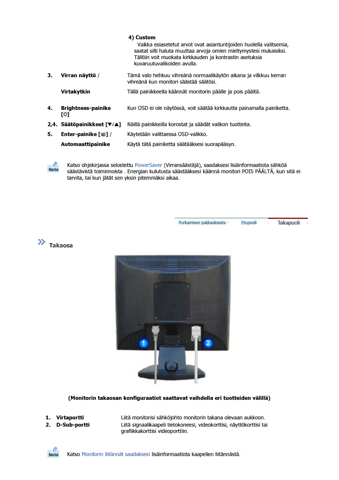 Samsung GS15MSSS/EDC, GS17MSSS/EDC, GS17VSSS/EDC manual Takaosa, Custom, Virran näyttö, Virtakytkin, Sub-portti 